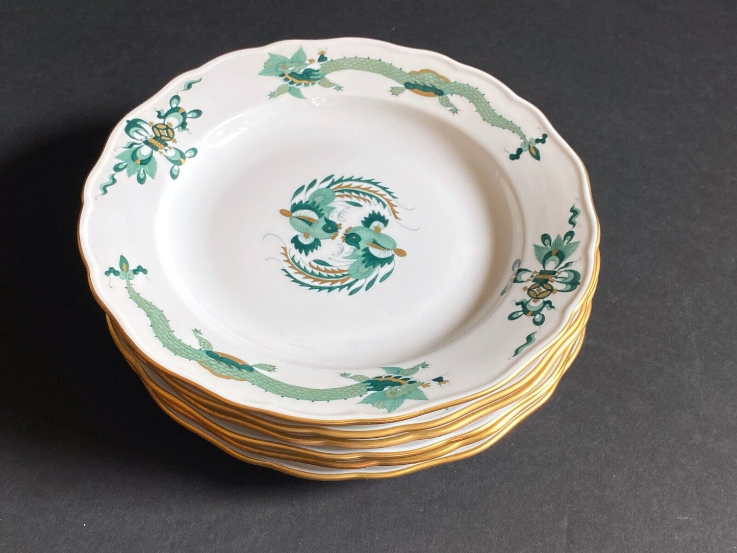 Lot of 7 Meissen Reicher Court dragon (Green) butter&bread plates, 5.5'', NICE