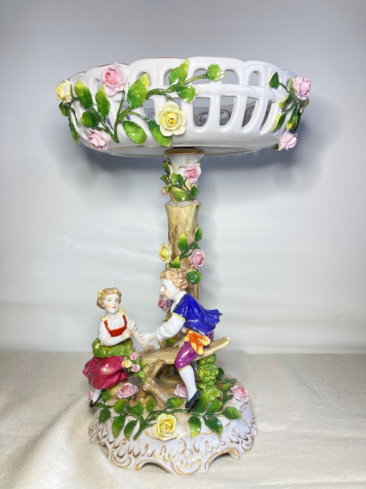 Germany Von Schierholz porcelain figural centerpiece w/ encrusted flower motif