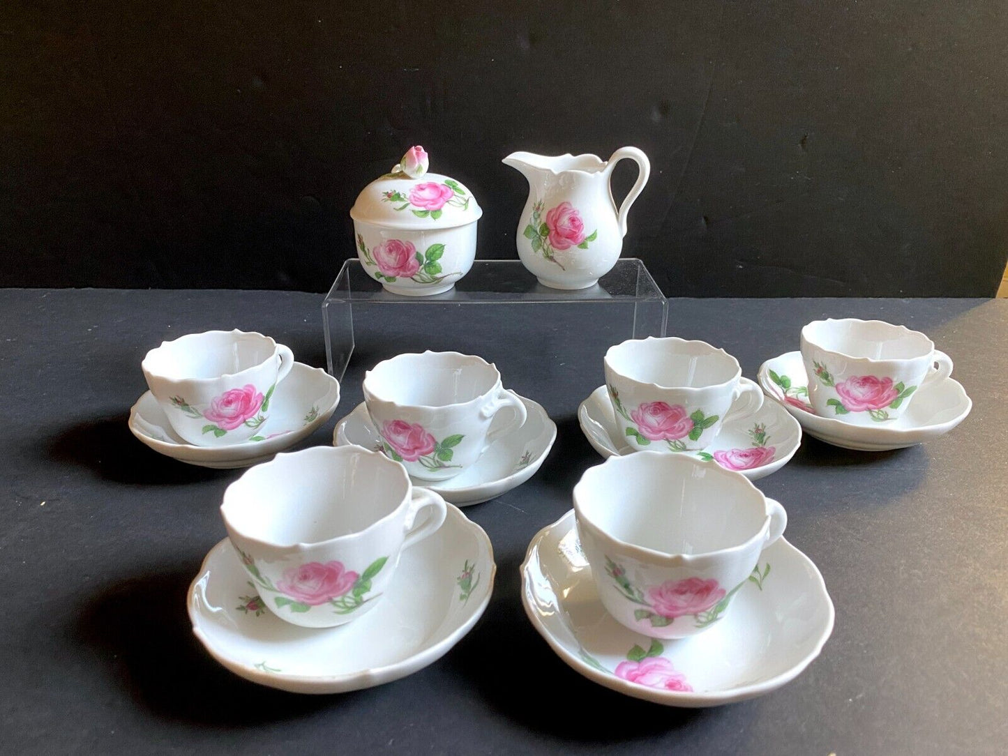 MEISSEN PINK ROSE small Coffee set, coffee cups, sugar bowl,creamer, 1st quality