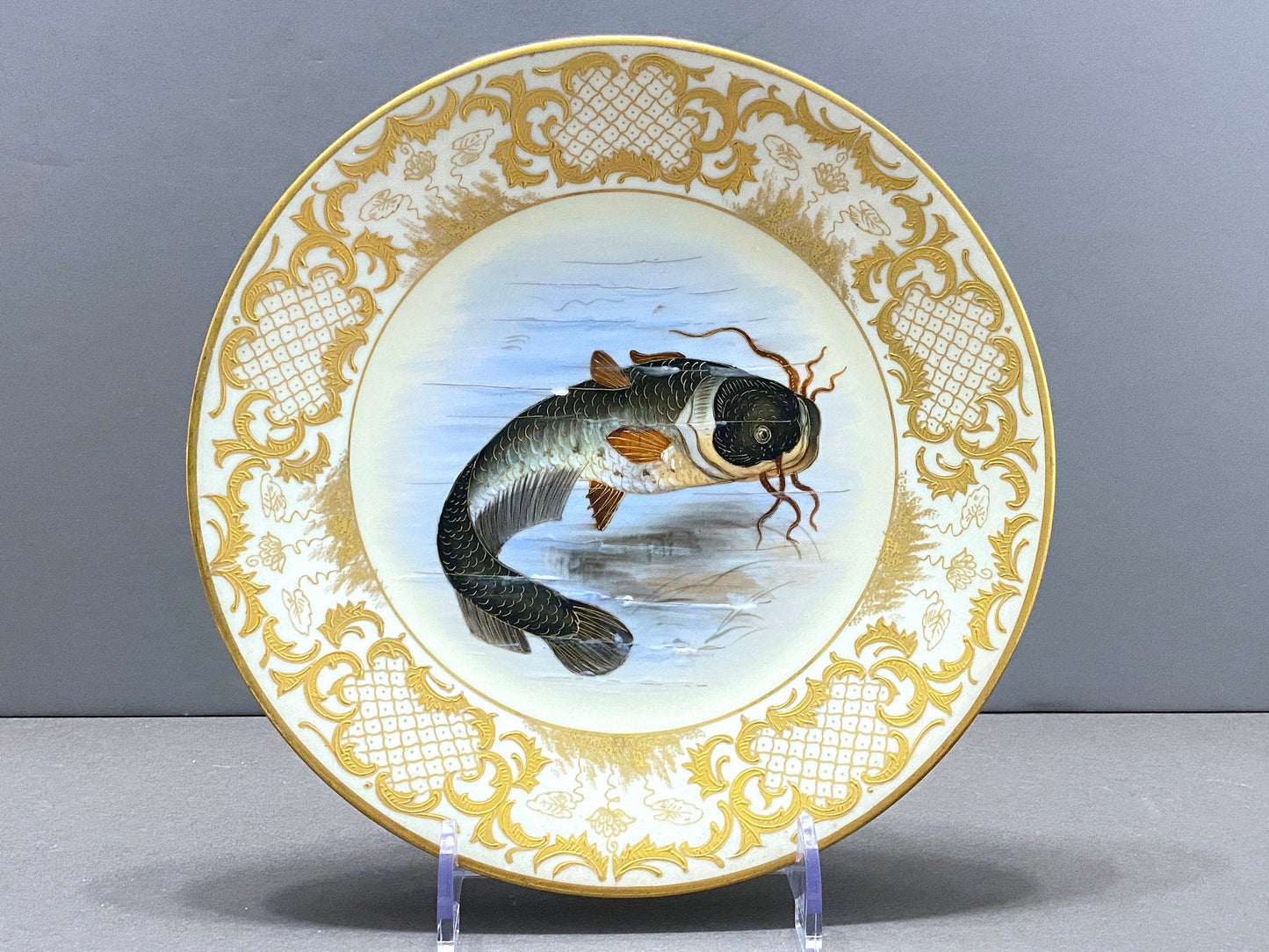 Rare!Antique Limoges Imperial Vienna for Ovington Brothers New York gold encrusted hand-painted fish Plates, set of 6, ca. 1900s, Gorgeous!