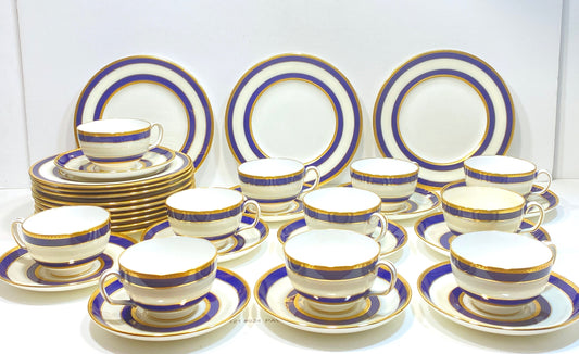 Set of 12 (35pcs) Tiffany & Co Mintons bone china teacups and plats, blue band and gold decoration, ca. 1900, stunning