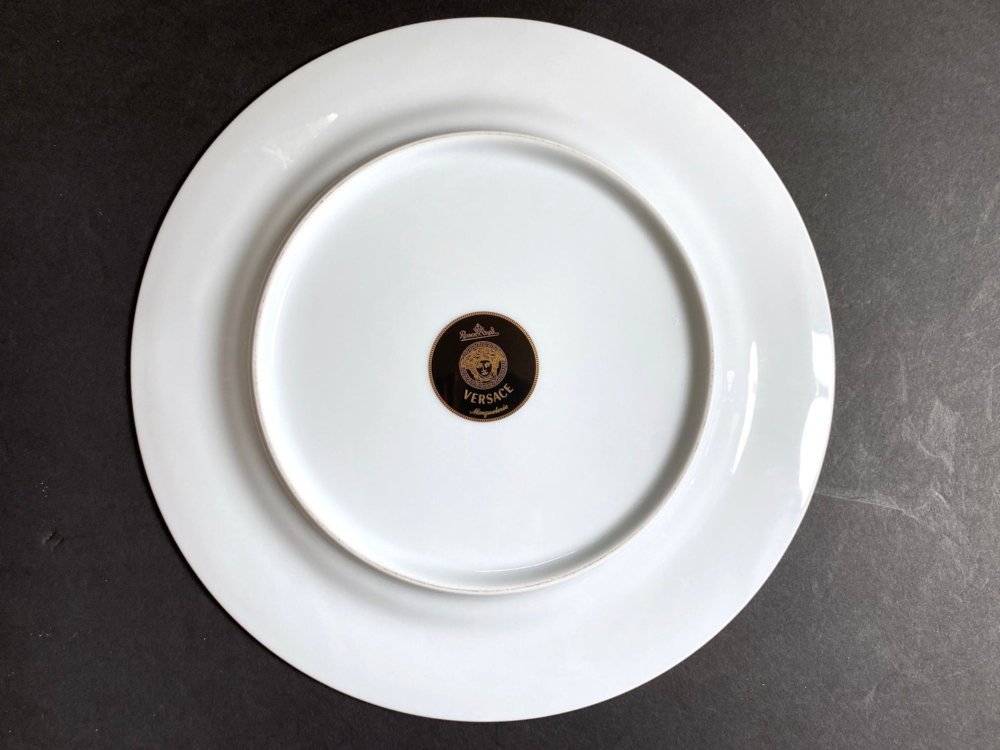 3x Versace "Marqueterie" dinner plates, 8 3/4'' D, by Rosenthal in Germany , black and white pattern with gold accents ,superb!