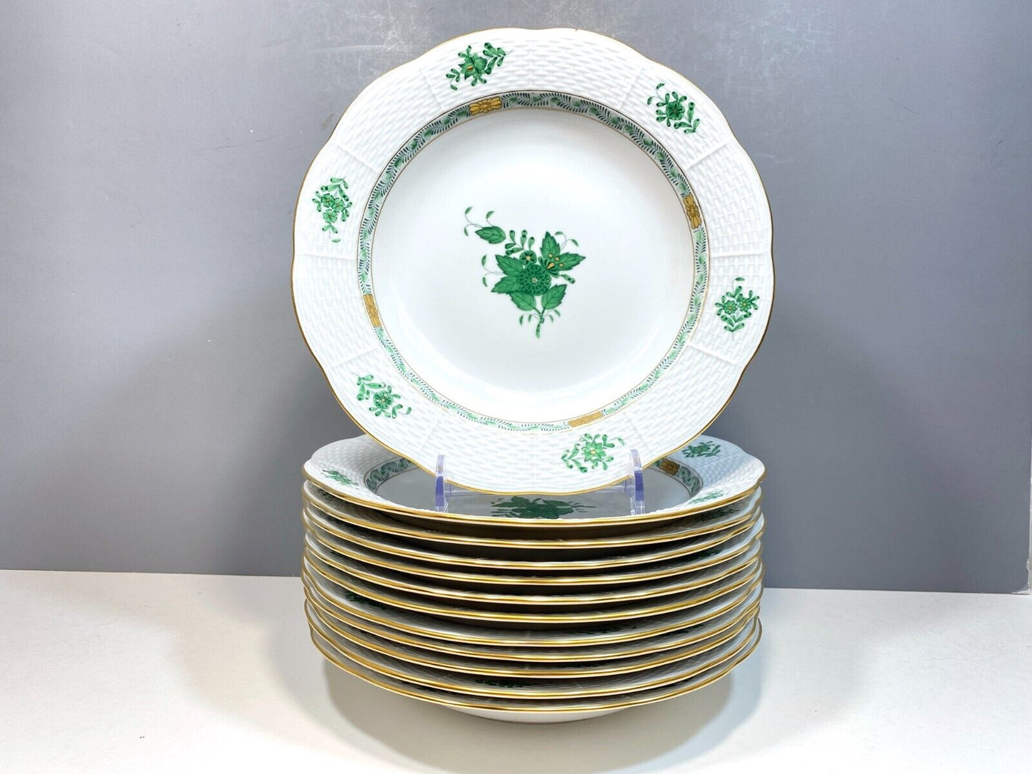 Set 12 Herend Chinese Bouquet Apponyi Green soup bowl/pasta plate, 503/AV, mint