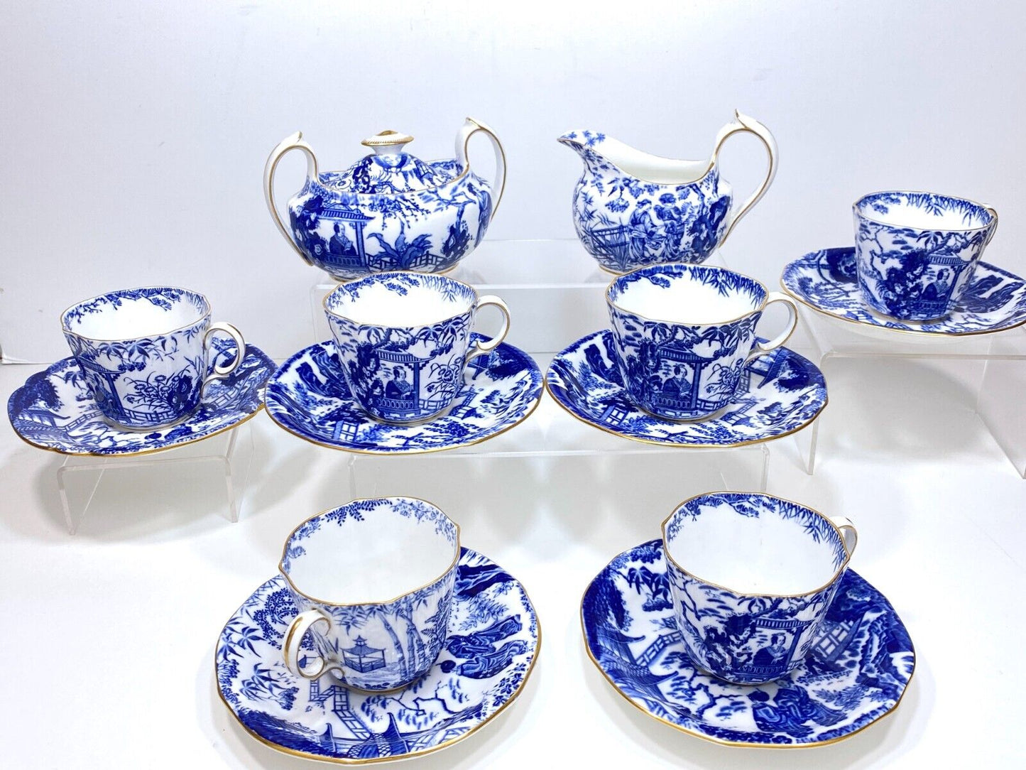 Royal Crown Derby "Mikado" bone china coffee set w/plates, blue and white, 20pcs