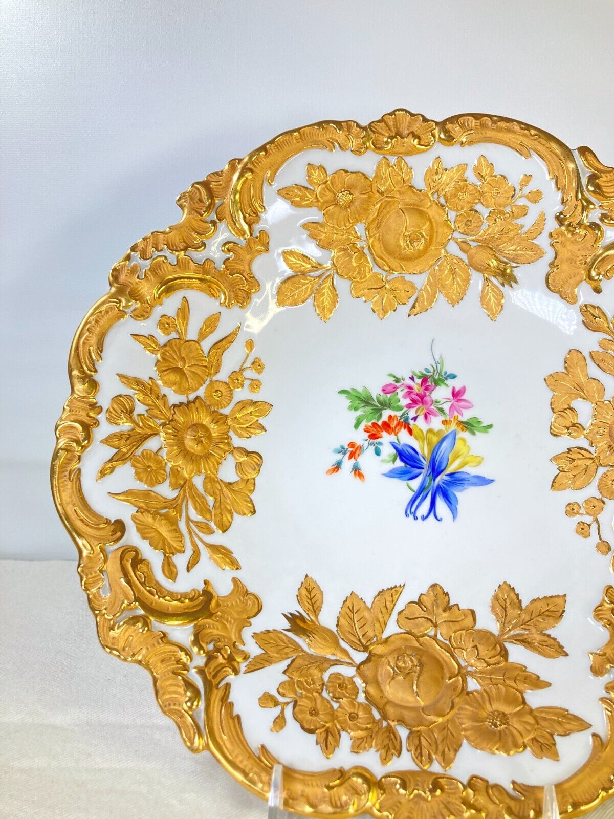 Meissen 24k gold floral relief moulded splendor bowl, 12'' D, ca.1867