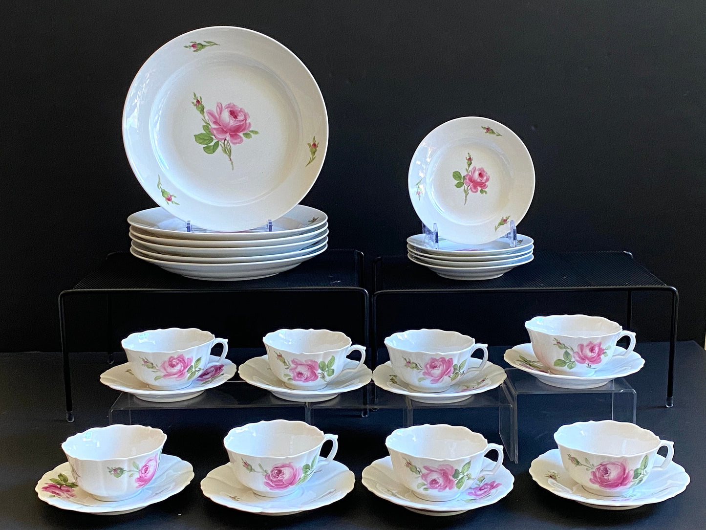 Vintage MEISSEN "Roses" tableware, teacup & saucer set of 8, 9 3/8 inches plates and 6 inches plates, 27 pcs,made in Germany, ca. 1852-1870