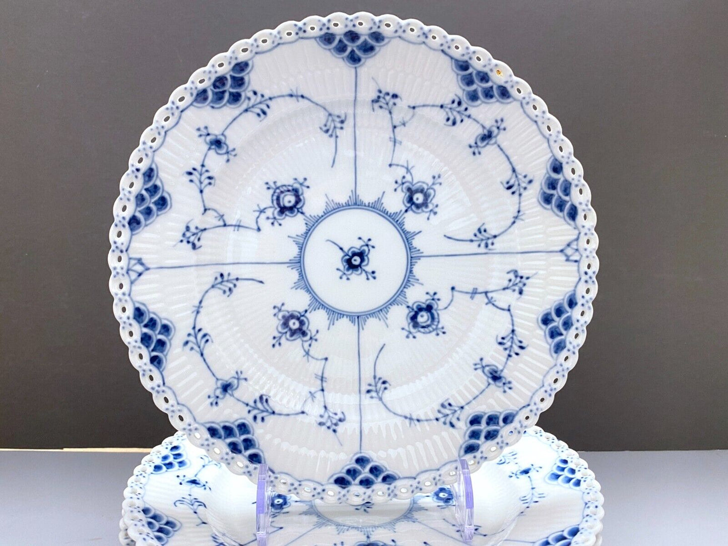 Set of 6 ROYAL COPENHAGEN Blue Fluted "Full Lace" luncheon plates, 9 inches, EXE