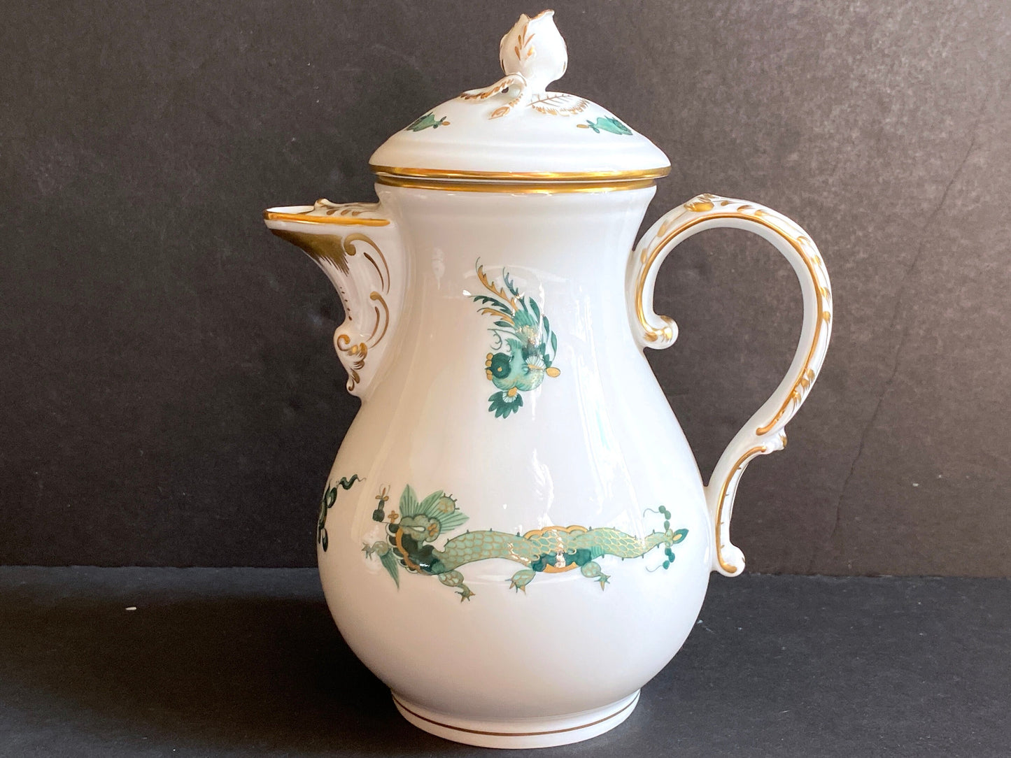 Meissen Reicher Court dragon (Green) & Phoenix birds small /demitasse coffee pot, creamer, lidded sugar bowl, gold, 1st quality, exquisite