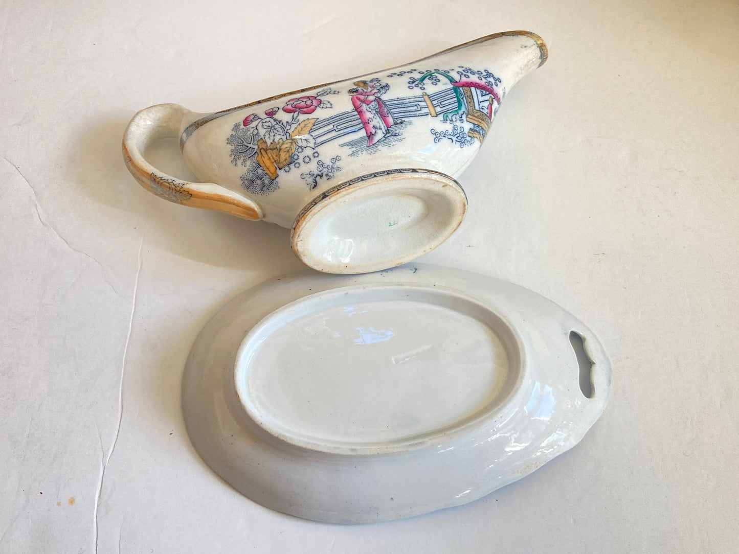 Antique Ashworth LSS Lewis Strauss & Sons ironstone gravy boat with underplate in Chinese pattern, ca. 1860