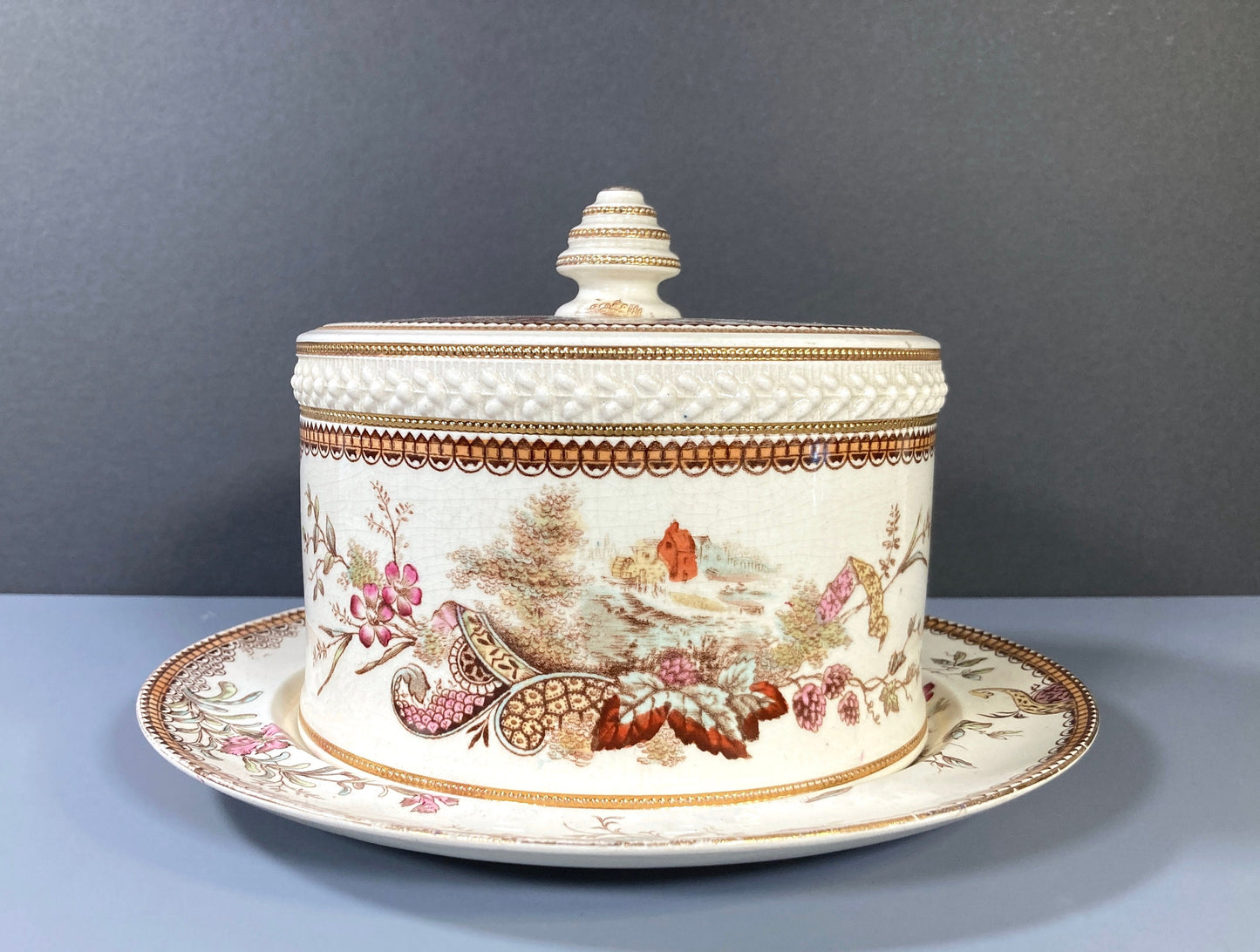 Edge Malkin & Co. Aesthetic Movement "Lisbon" transferware Cheese Bell/dish, made in England, ca. 1888s, very RARE!