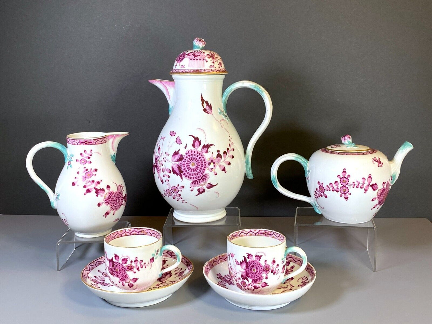 ca.1775 Meissen handpainted purple floral coffee/ tea set, turquoise handle,rare