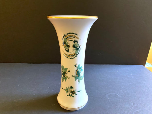 Meissen Reicher Court dragon flute vase, 10 inches high, green dragon and Phoenix motif , gold accent, made in Germany, 1st choice, mint