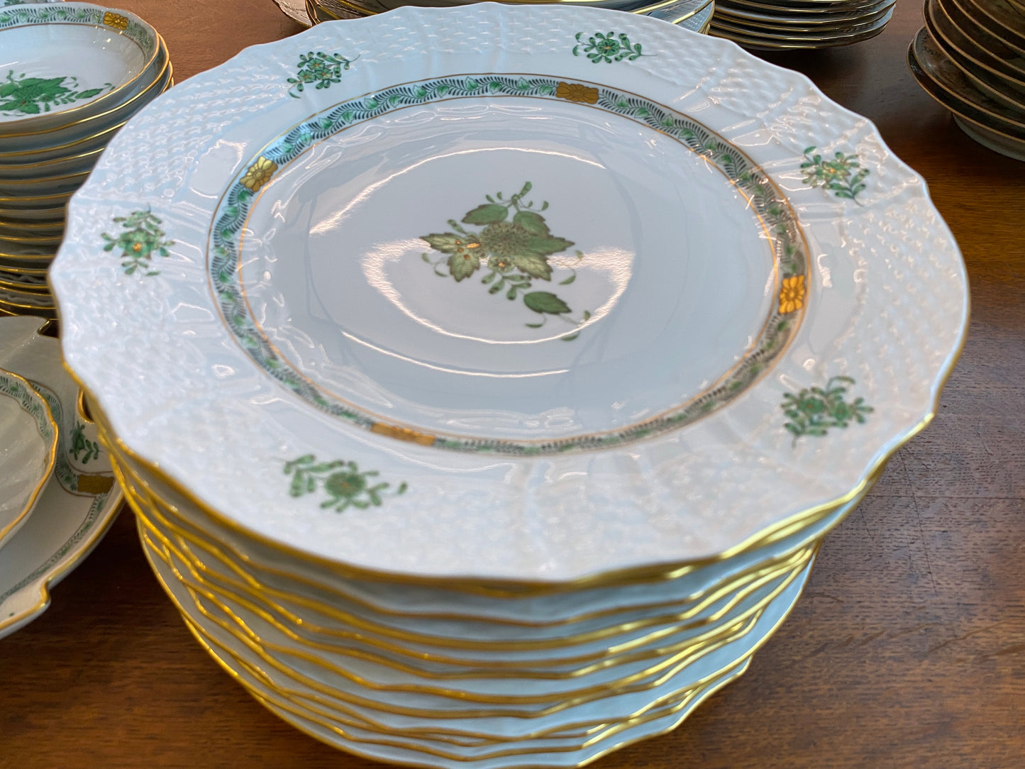 Set 12 pcs Herend Chinese Bouquet Apponyi Green Service /Serving Plates, 11''D