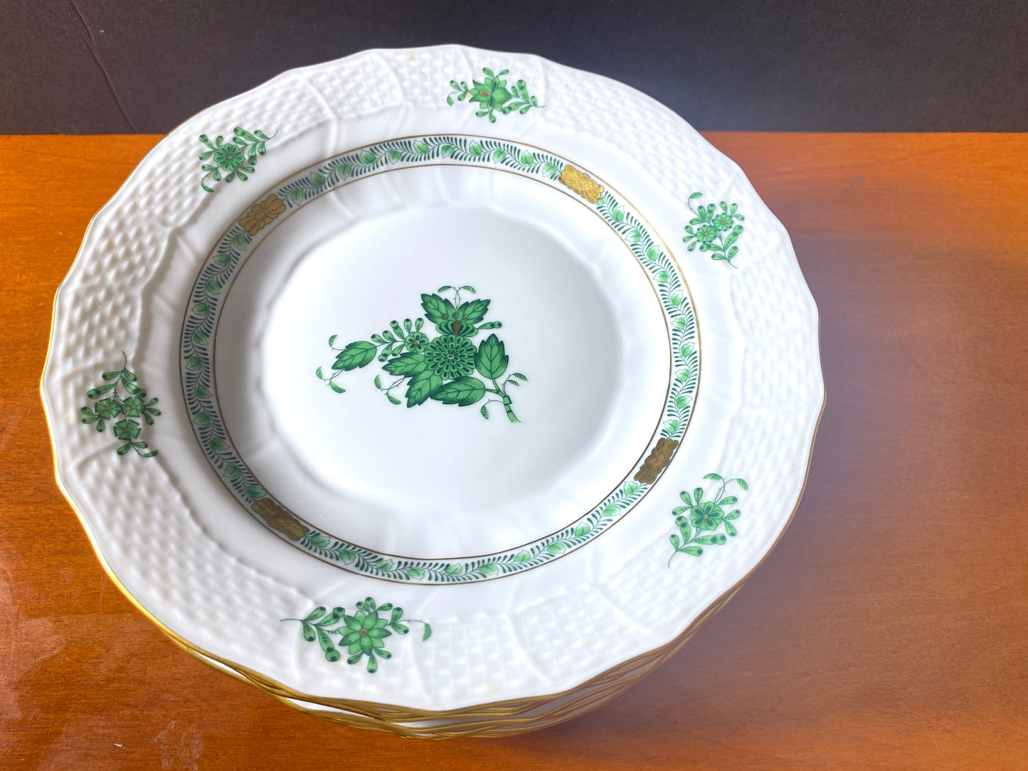 Set 12 pcs Herend Chinese Bouquet Apponyi Green Service /Serving Plates, 11''D