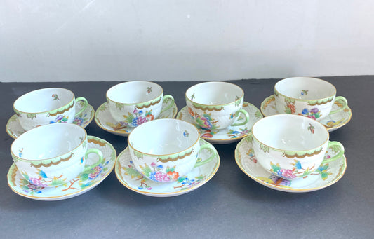 7 sets Herend Hungary "Queen Victoria" flat tea/coffee cups w/ saucers,#1726 VBO, Pristine condition