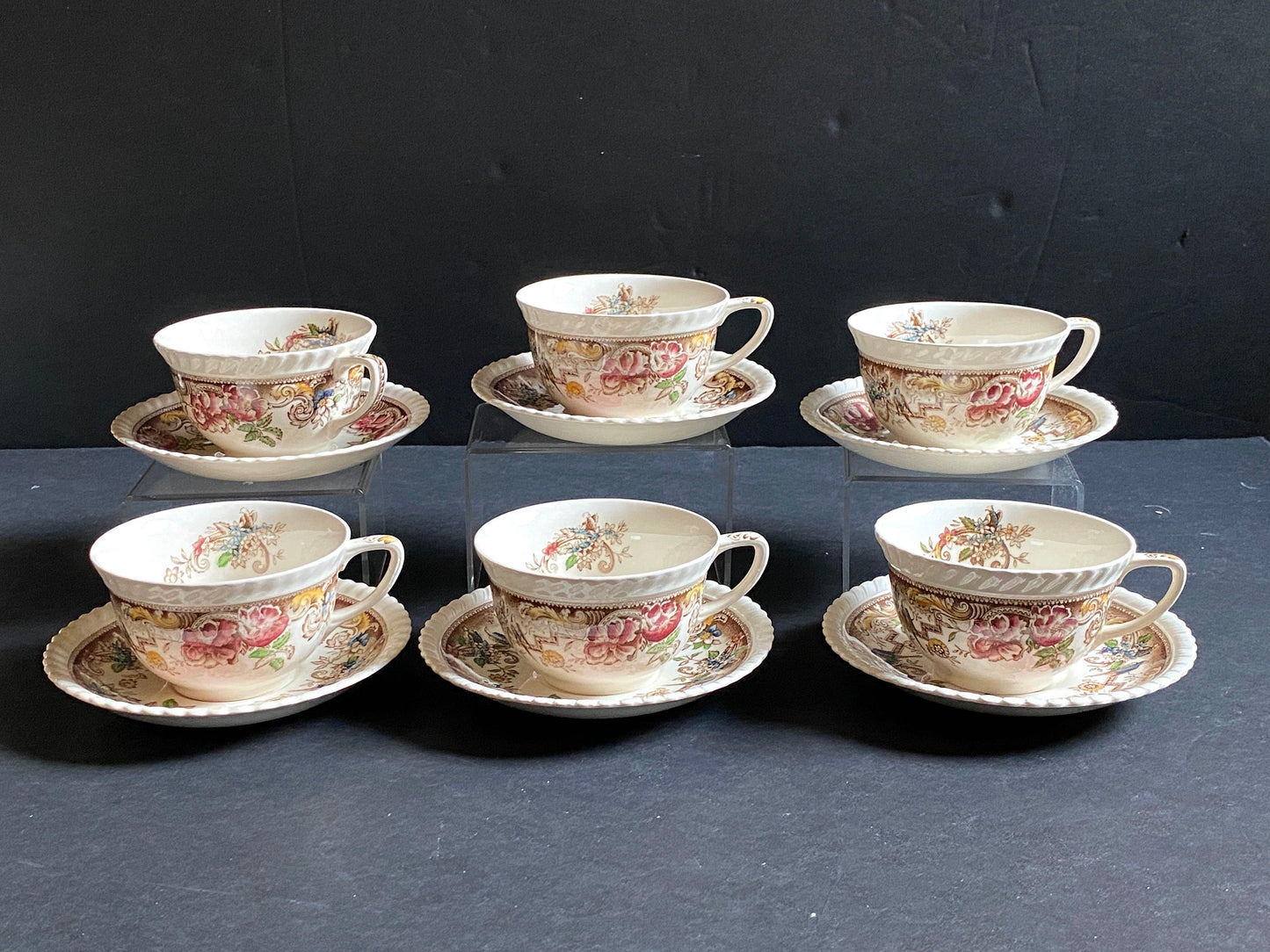 JOHNSON BROTHERS England Ironstone Devonshire pattern teacup and saucer set of 6, brown multicolor, 12pcs, ca. 1940s excellent condition