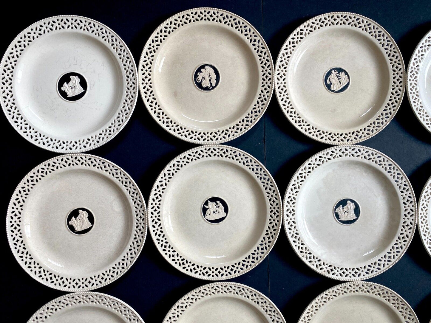 Set 12 Wedgwood Creamware Pottery pierced Plates, Pearlware Neoclassical, 1800s