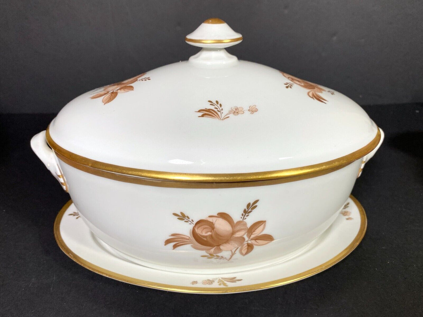 Royal Copenhagen Brown Rose lidded soup tureen with under tray, gold trim