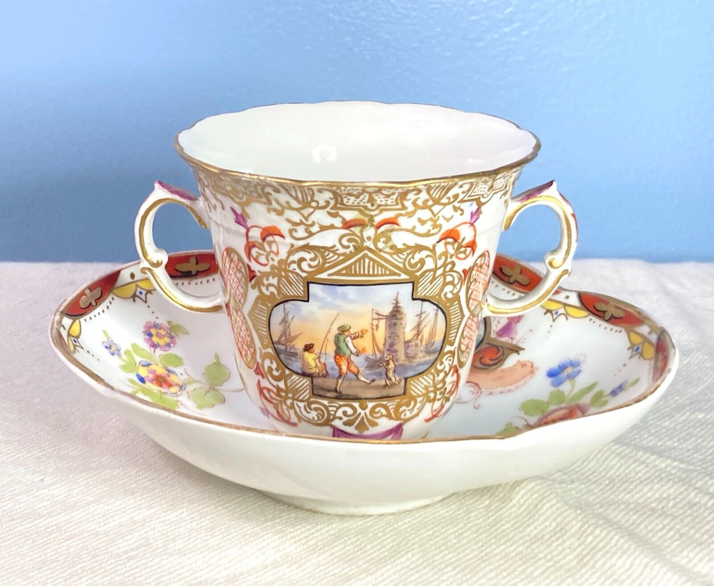 Meissen Augustus Rex for Helena Wolfsohn Nautical cup w/Carl Thieme saucer, 18C.