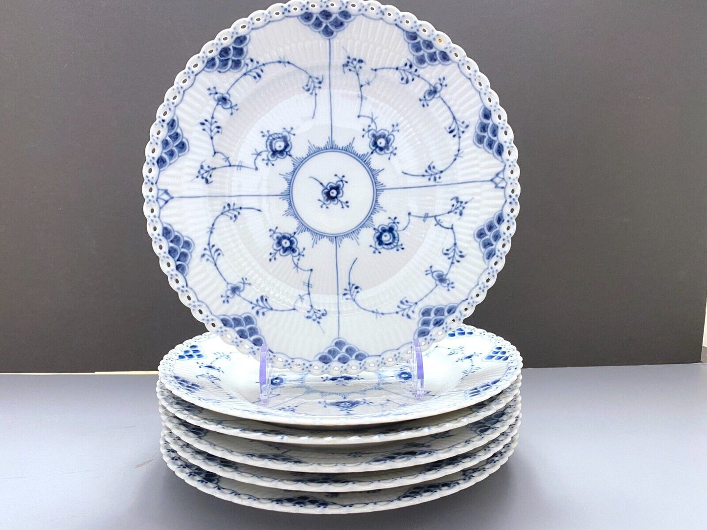 Set of 6 ROYAL COPENHAGEN Blue Fluted "Full Lace" luncheon plates, 9 inches, EXE