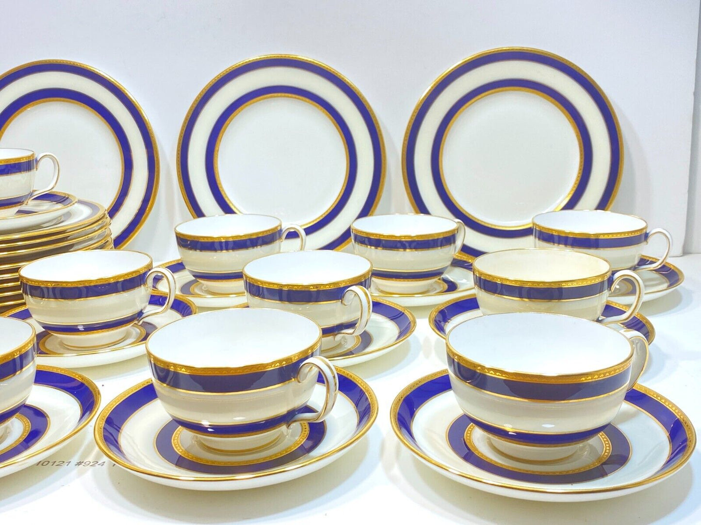 Set of 12 Tiffany & Co Mintons dessert set, blue band and gold accent, ca.1900s