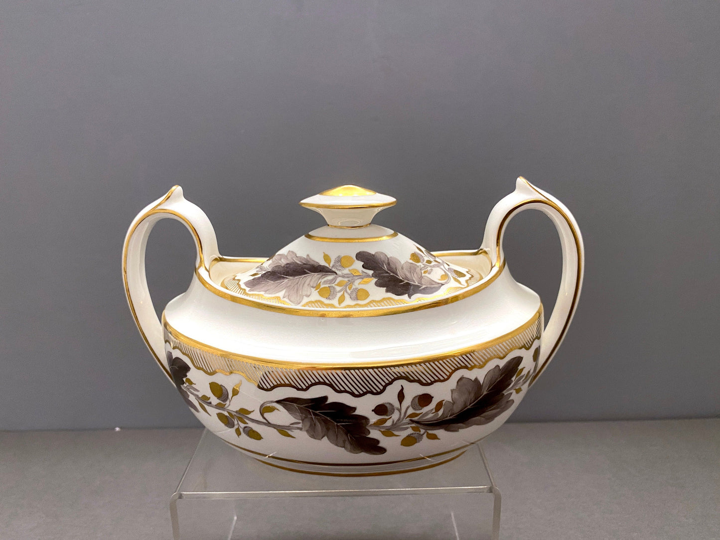 Stunning Tiffany Co. Royal Crown Derby "Portman Oak" pattern lidded sugar bowl with handles, gold accent, ca.1940,rare