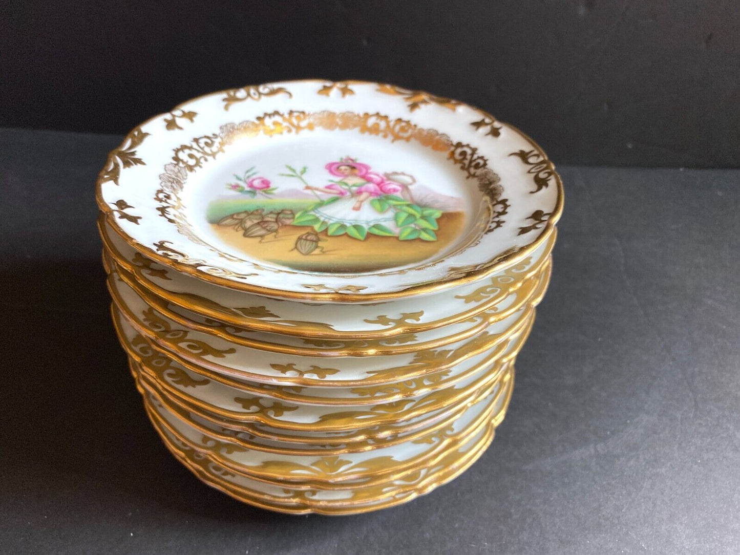 Ca.1847 Carl Tielsch 12 "Monthly Lady" Porcelain Plates, Gold Accent, VERY RARE!