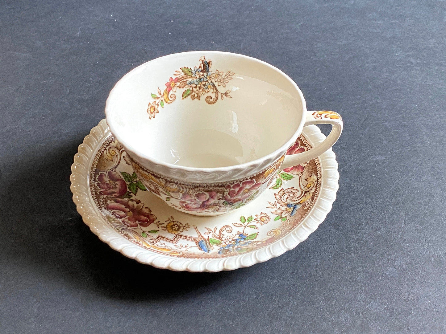 JOHNSON BROTHERS England Ironstone Devonshire pattern teacup and saucer set of 6, brown multicolor, 12pcs, ca. 1940s excellent condition