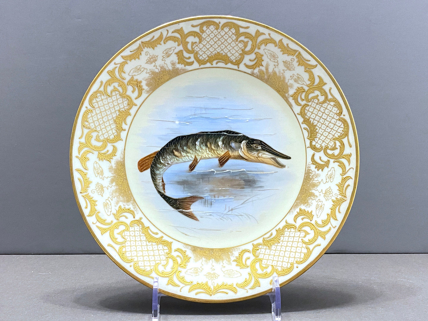 Rare!Antique Limoges Imperial Vienna for Ovington Brothers New York gold encrusted hand-painted fish Plates, set of 6, ca. 1900s, Gorgeous!