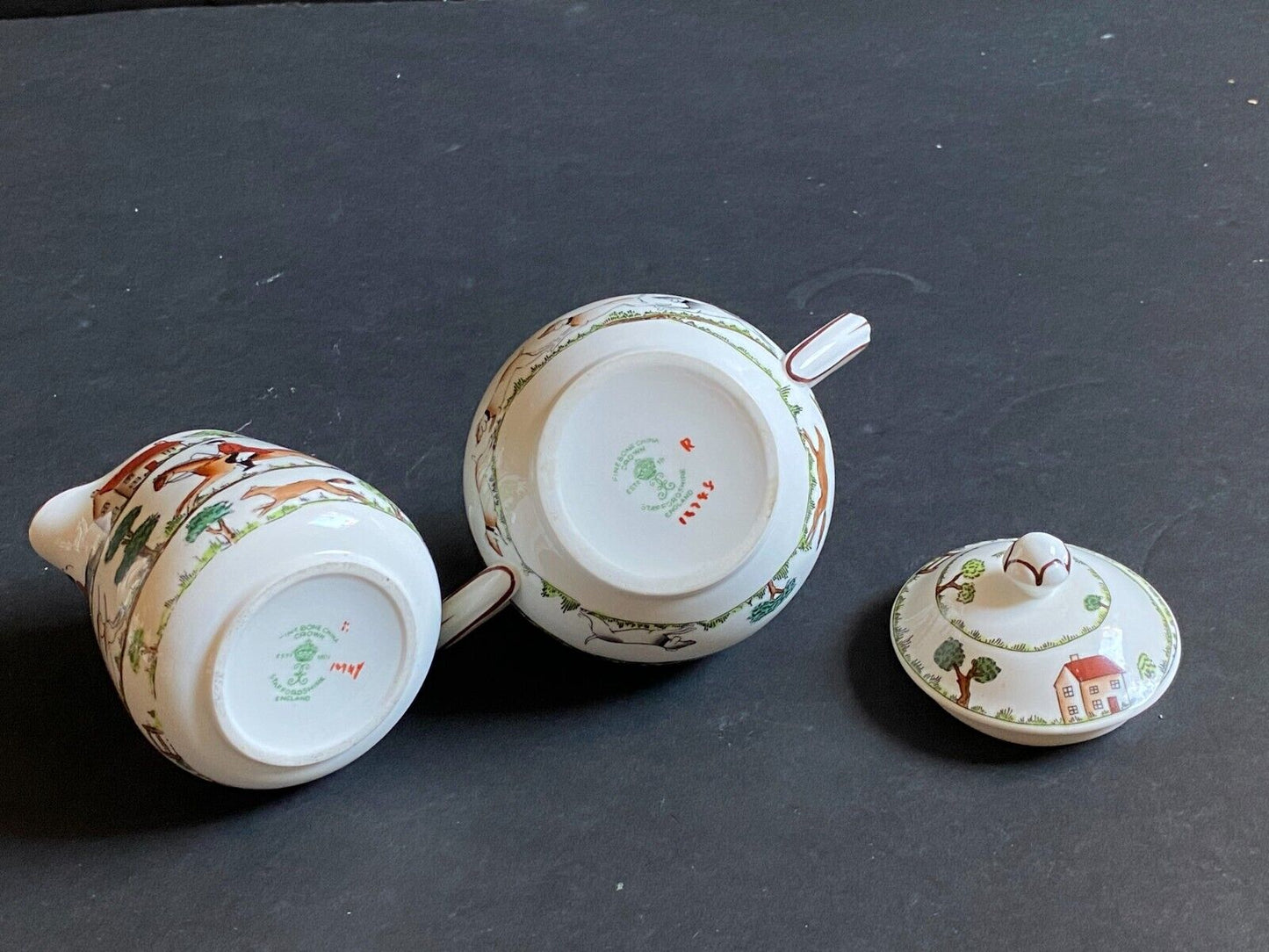 Crown Staffordshire "Hunting Scene" 3 -piece coffee & tea service, England