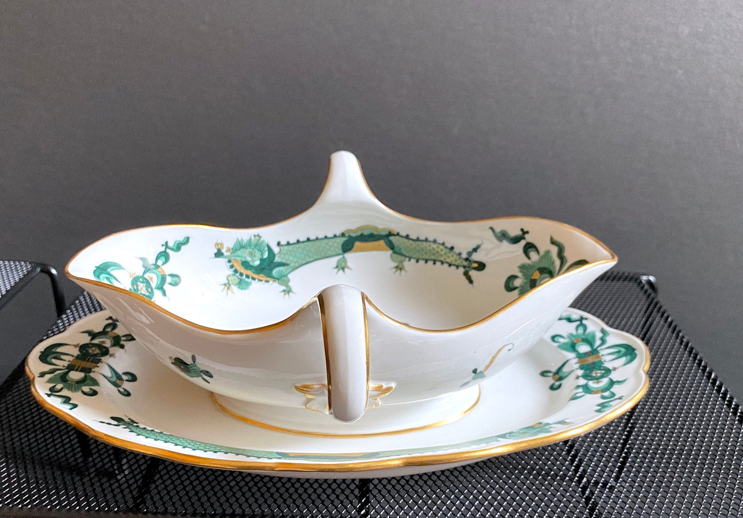 Gorgeous Meissen Rich Court dragon (Green) & Phoenix birds motif gravy boat, gold accents, 1st quality, excellent!