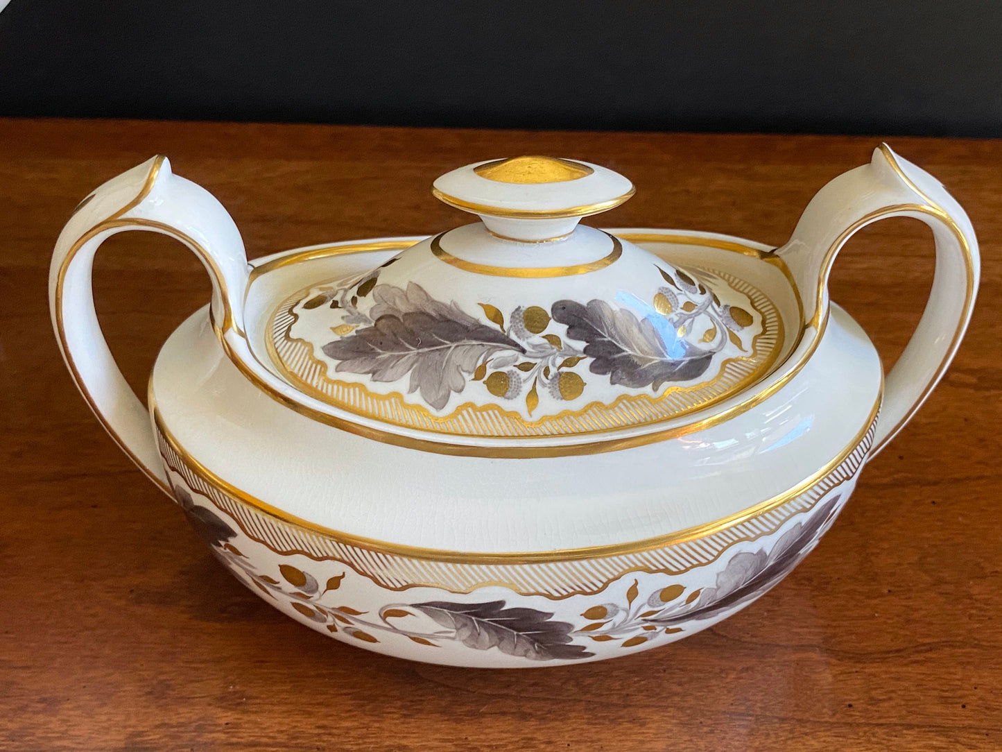 Stunning Tiffany Co. Royal Crown Derby "Portman Oak" pattern lidded sugar bowl with handles, gold accent, ca.1940,rare