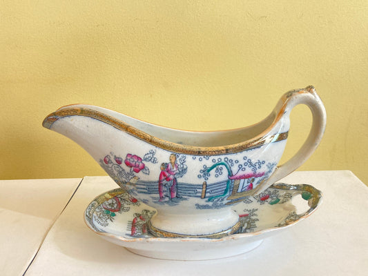 Antique Ashworth LSS Lewis Strauss & Sons ironstone gravy boat with underplate in Chinese pattern, ca. 1860