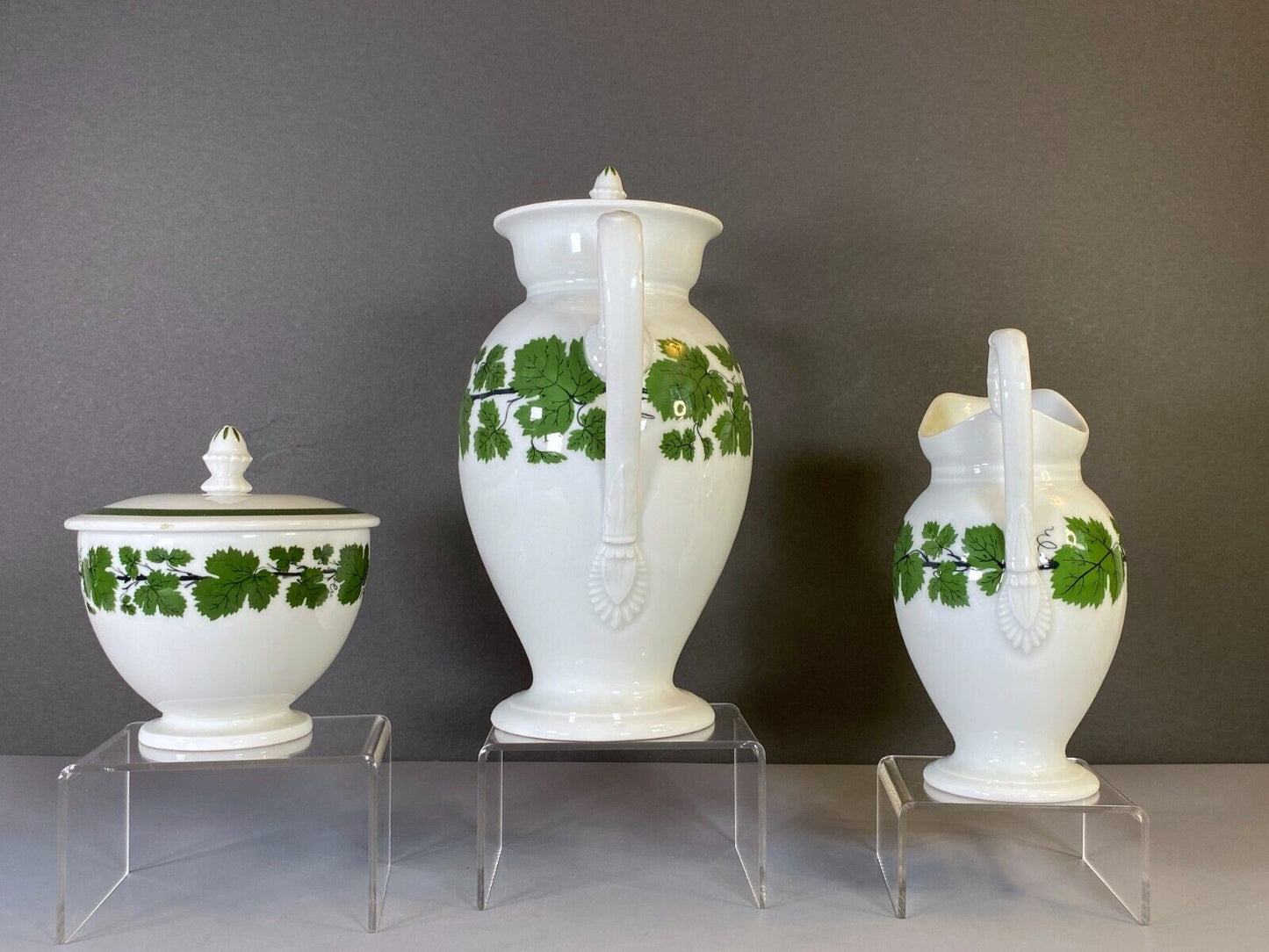 Meissen coffee service, green vine, w/snake/dragon shape handles and spout, 19C.