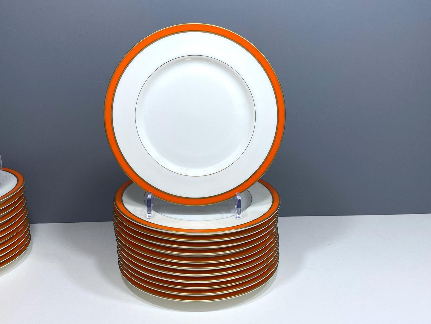 Stunning TIFFANY & CO. "Newport Orange" dinnerware for 12, gold rim, 51 pieces, Mint condition!