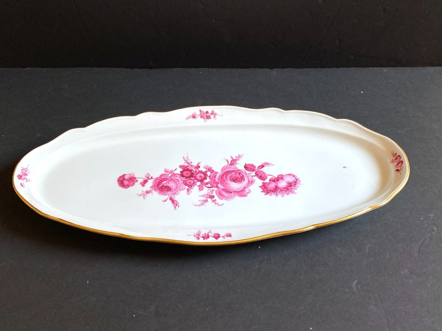 MEISSEN "flower boutique " Purple fish plate, gold rim, 1st quality