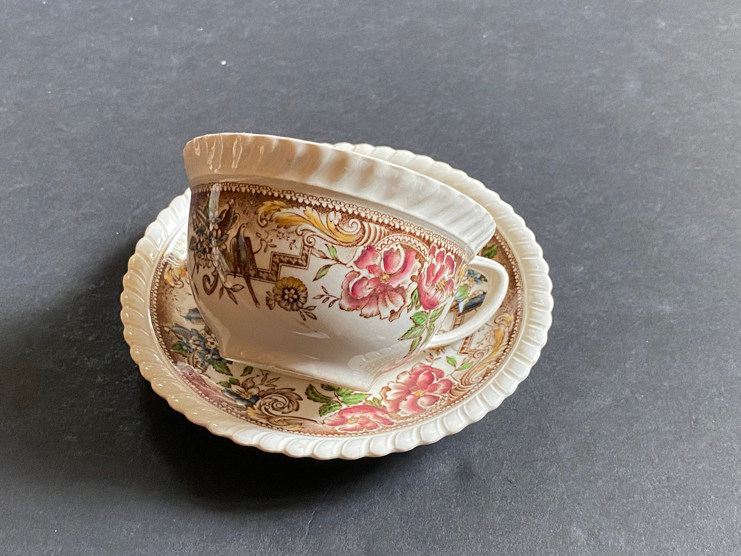 JOHNSON BROTHERS England Ironstone Devonshire pattern teacup and saucer set of 6, brown multicolor, 12pcs, ca. 1940s excellent condition