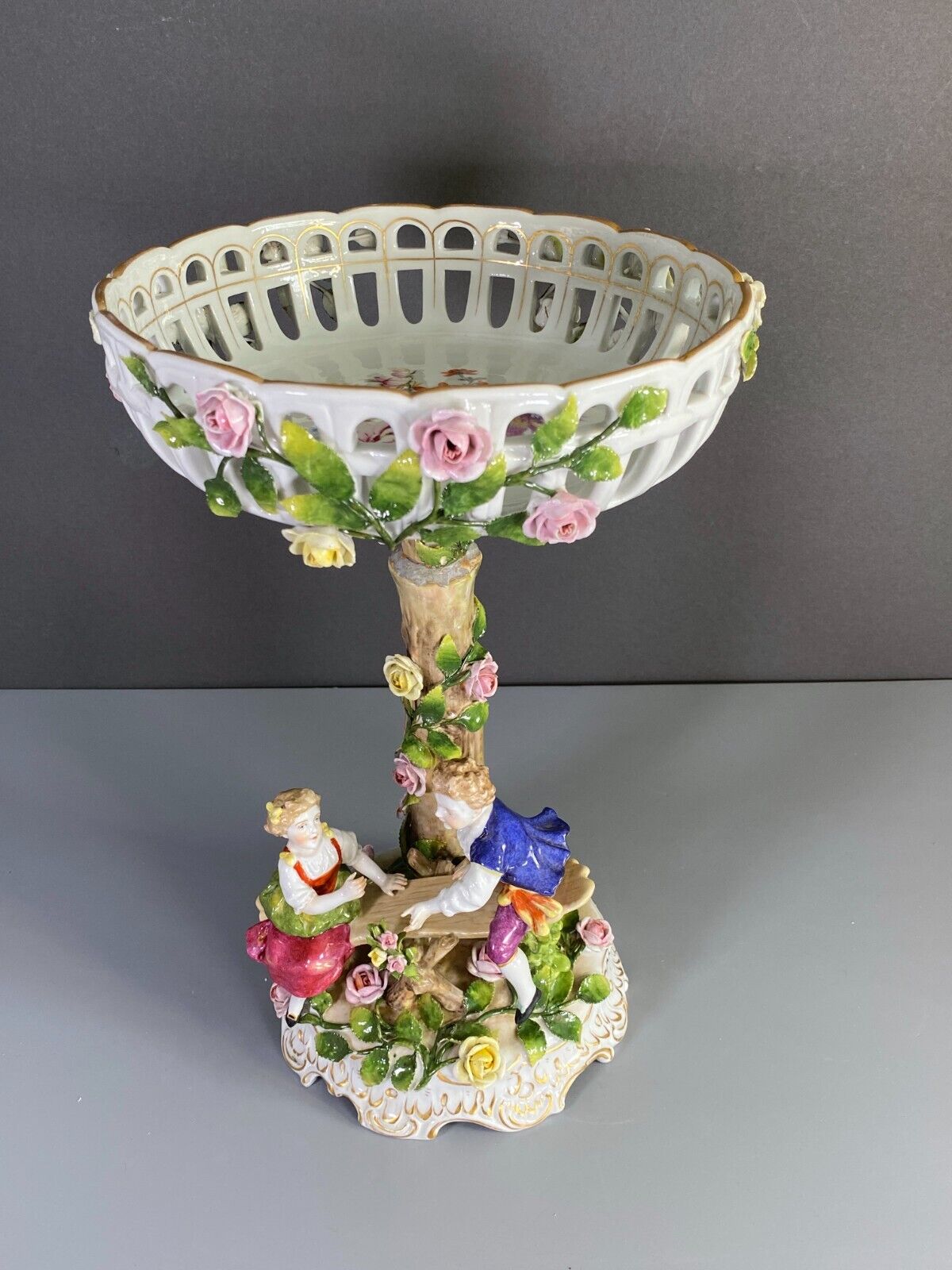 Germany Von Schierholz porcelain figural centerpiece w/ encrusted flower motif