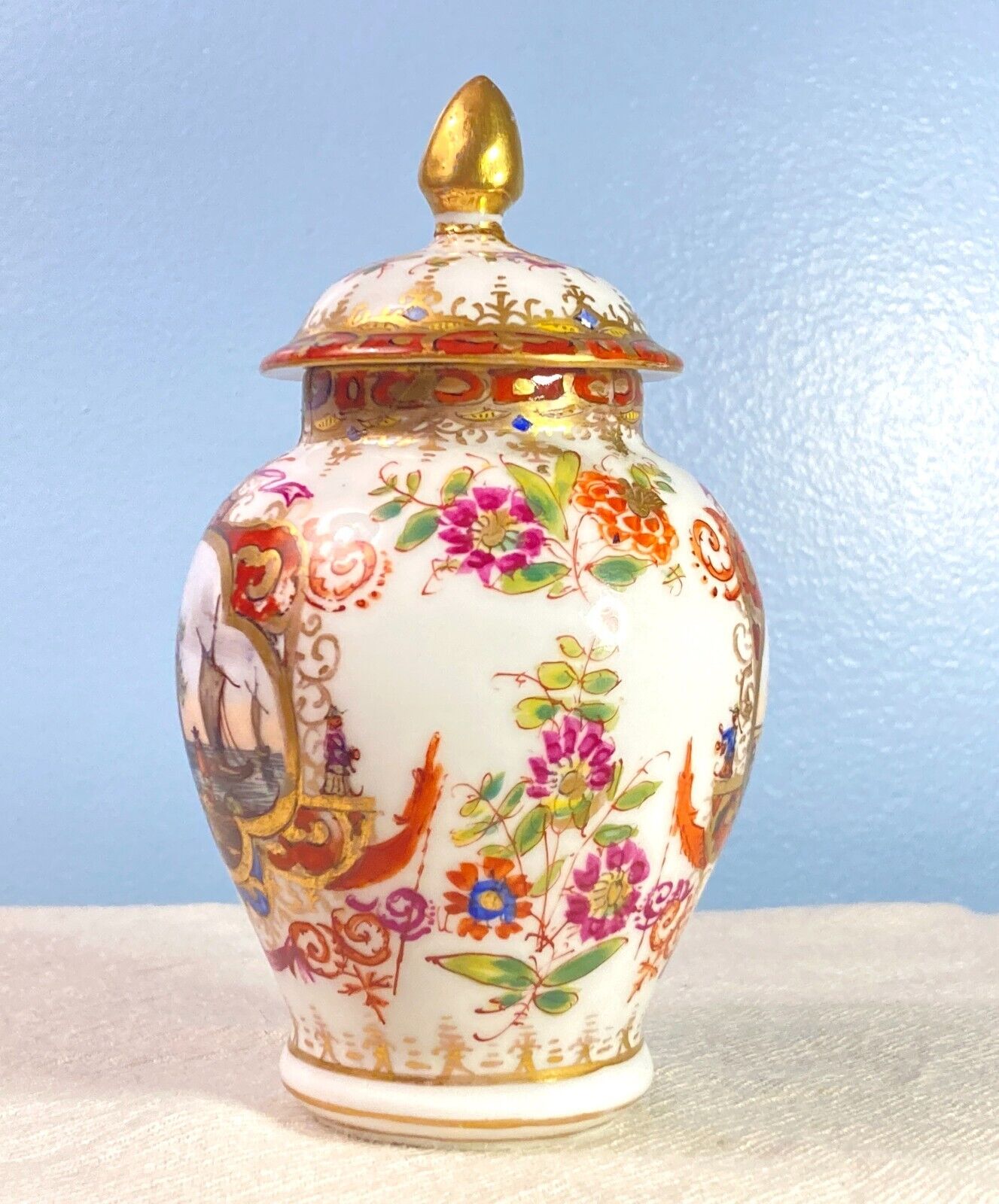 1800s Royal Vienna Porcelain Lidded Jar with Nautical scene, blue beehive mark