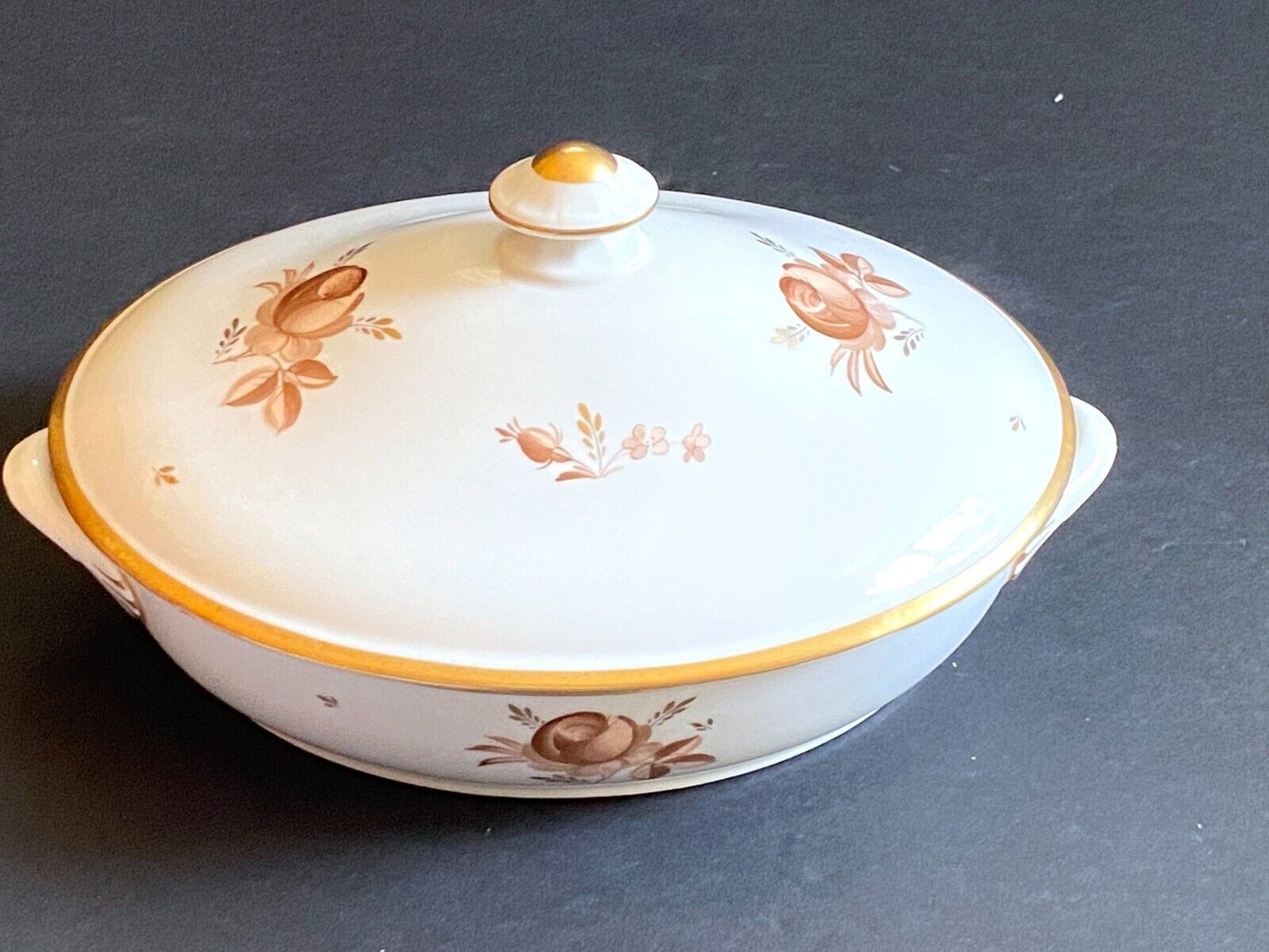 Royal Copenhagen Brown Rose lidded vegetable bowl with under tray, gold trim