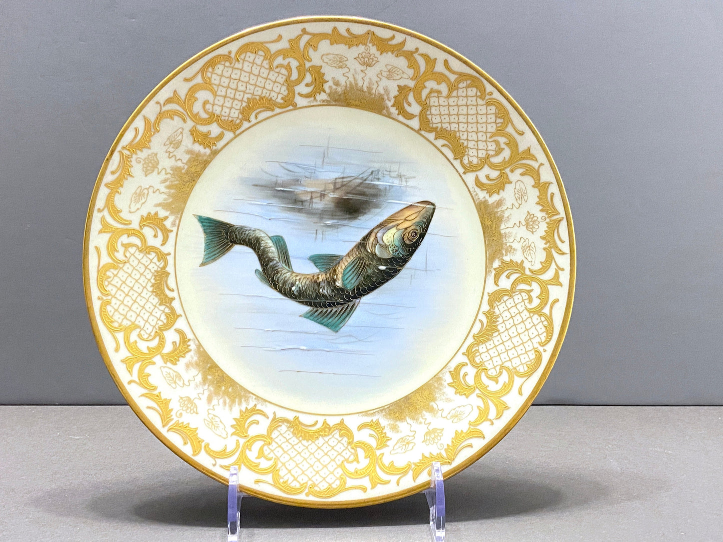 Rare!Antique Limoges Imperial Vienna for Ovington Brothers New York gold encrusted hand-painted fish Plates, set of 6, ca. 1900s, Gorgeous!