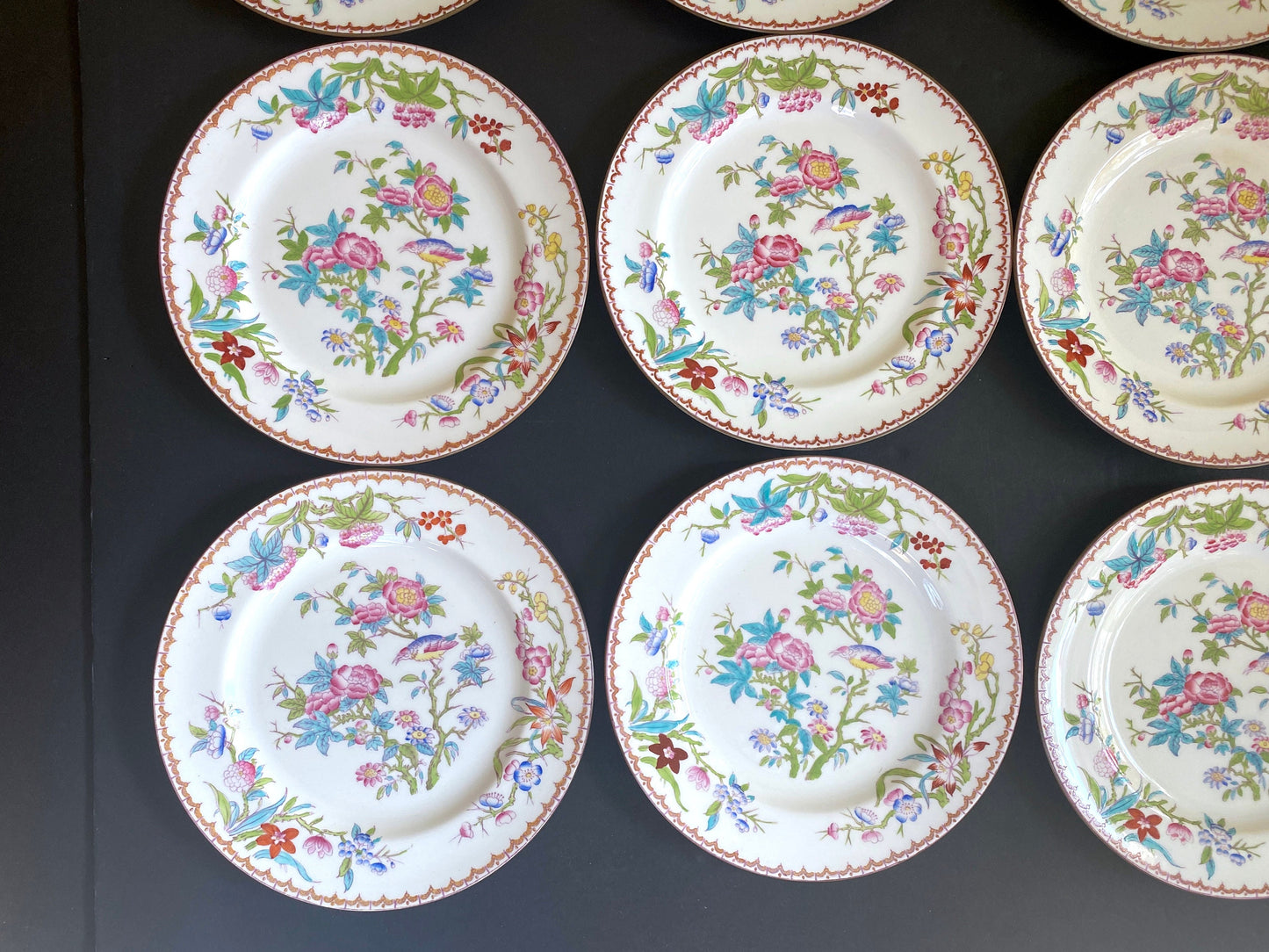 Set of 9 England Minton Pink Peony and Cuckoo Luncheon Plate 9” D , ca. 1920s.pattern number 3934, ca. 1920s