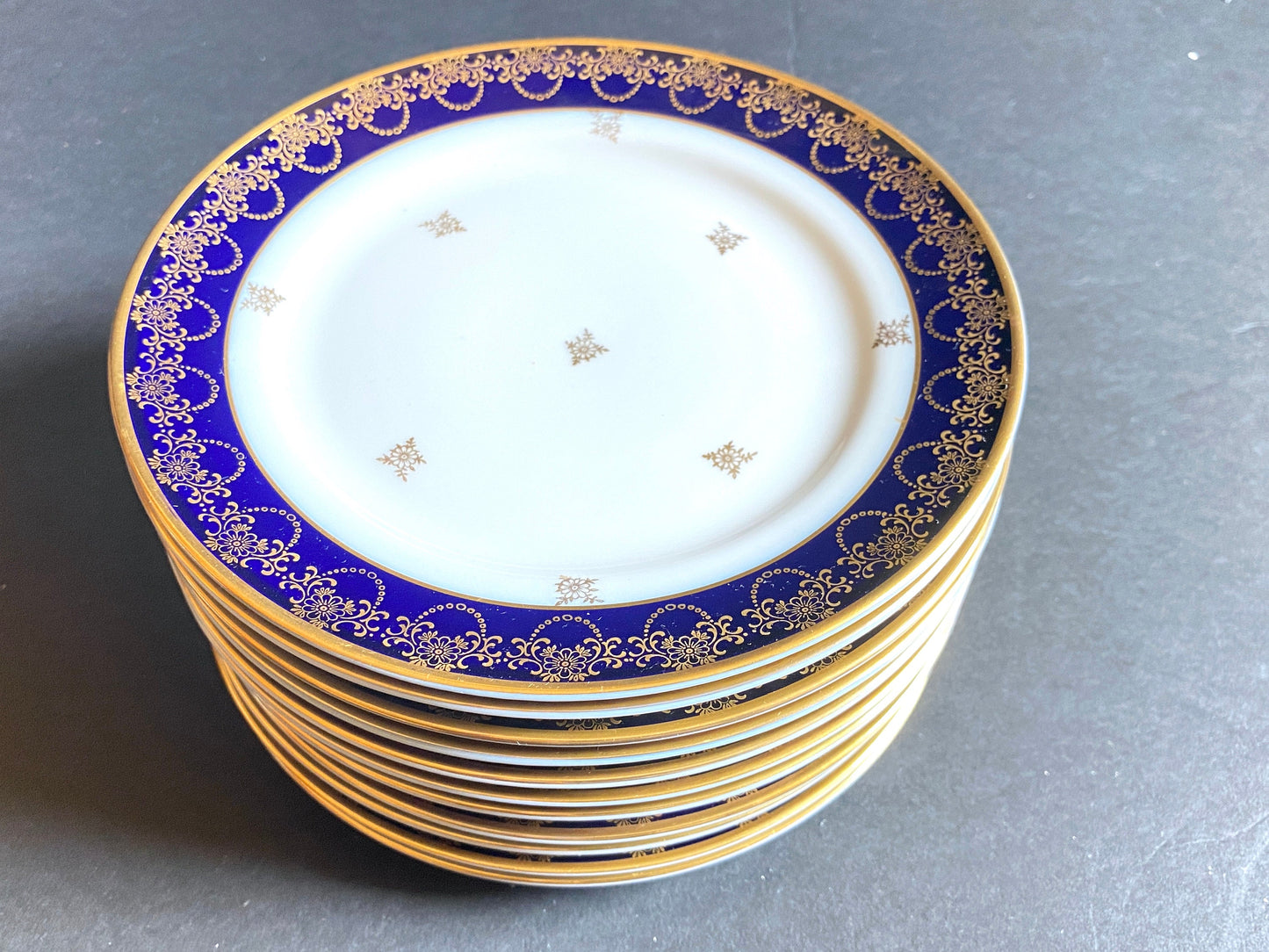 Johann Haviland Bavaria cobalt blue and gold accent plates, set of 11, by Johann Haviland Bavaria,ca.1930-50, mint, very rare