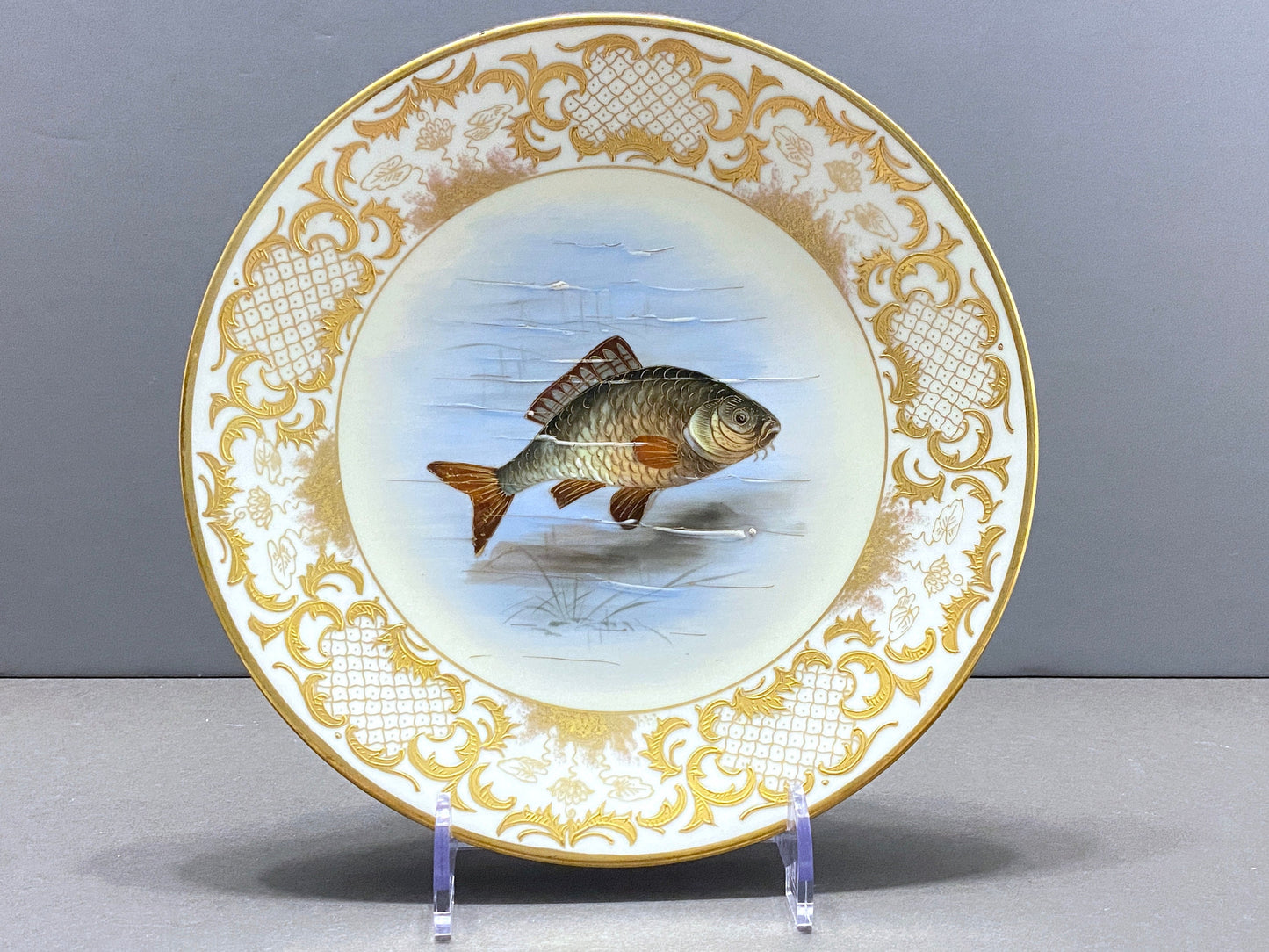 Rare!Antique Limoges Imperial Vienna for Ovington Brothers New York gold encrusted hand-painted fish Plates, set of 6, ca. 1900s, Gorgeous!