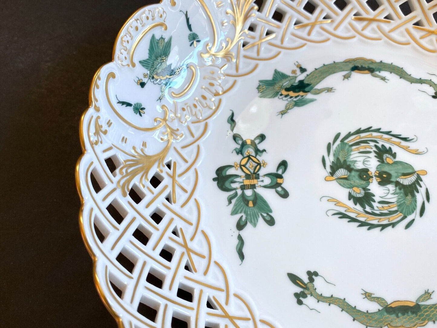 Meissen Reicher Court green dragon &birds pierced center bowl,gold accents, 1st