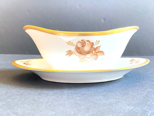 Royal Copenhagen handpainted gilt Brown Rose gravy boat w/ attached underplate