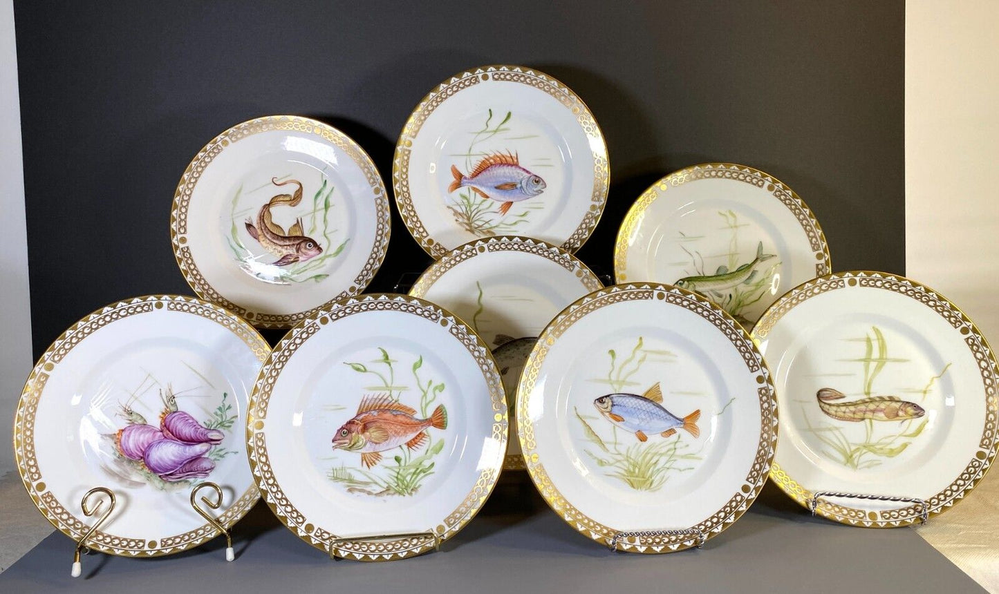 Set 8 Danish Royal Copenhagen handpainted gilt fish plates, Y 1947, rare!