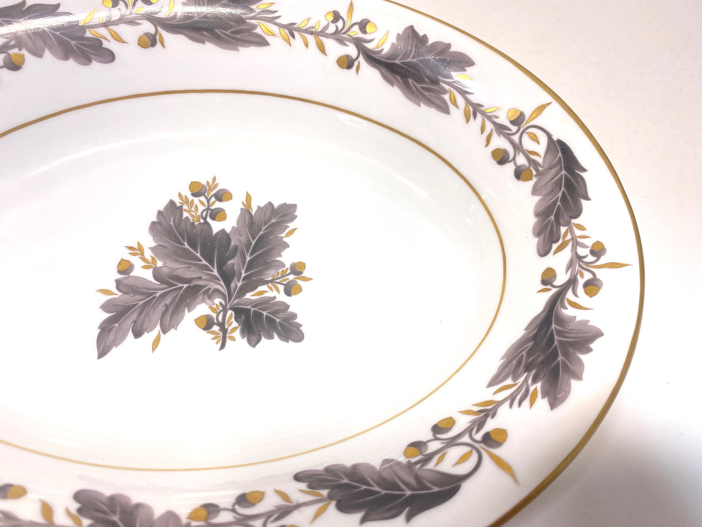 Royal Crown Derby "Portman Oak" pattern oval bowl, bone china, gold accent, made in England, ca.1940