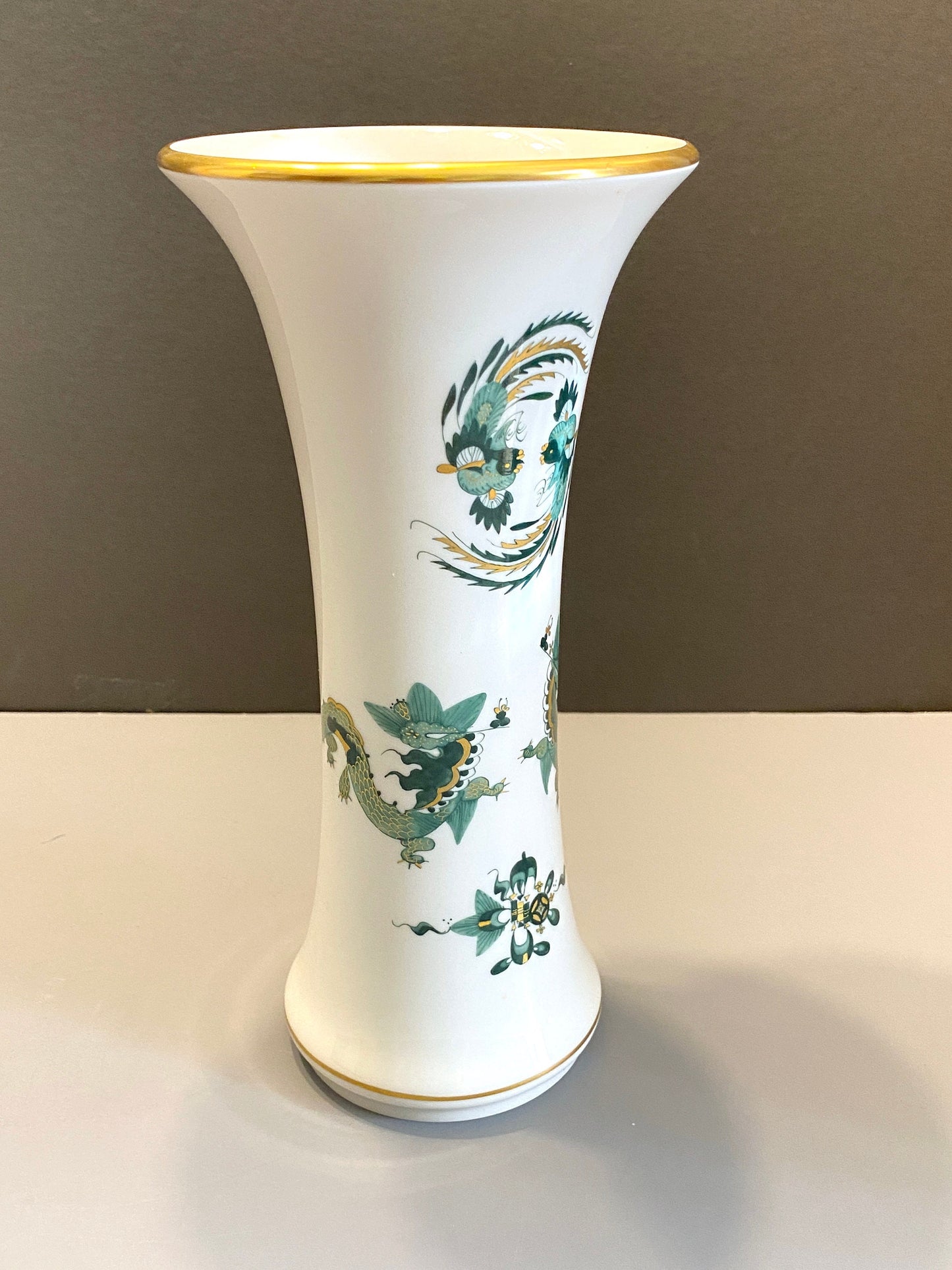 Meissen Reicher Court dragon flute vase, 10 inches high, green dragon and Phoenix motif , gold accent, made in Germany, 1st choice, mint