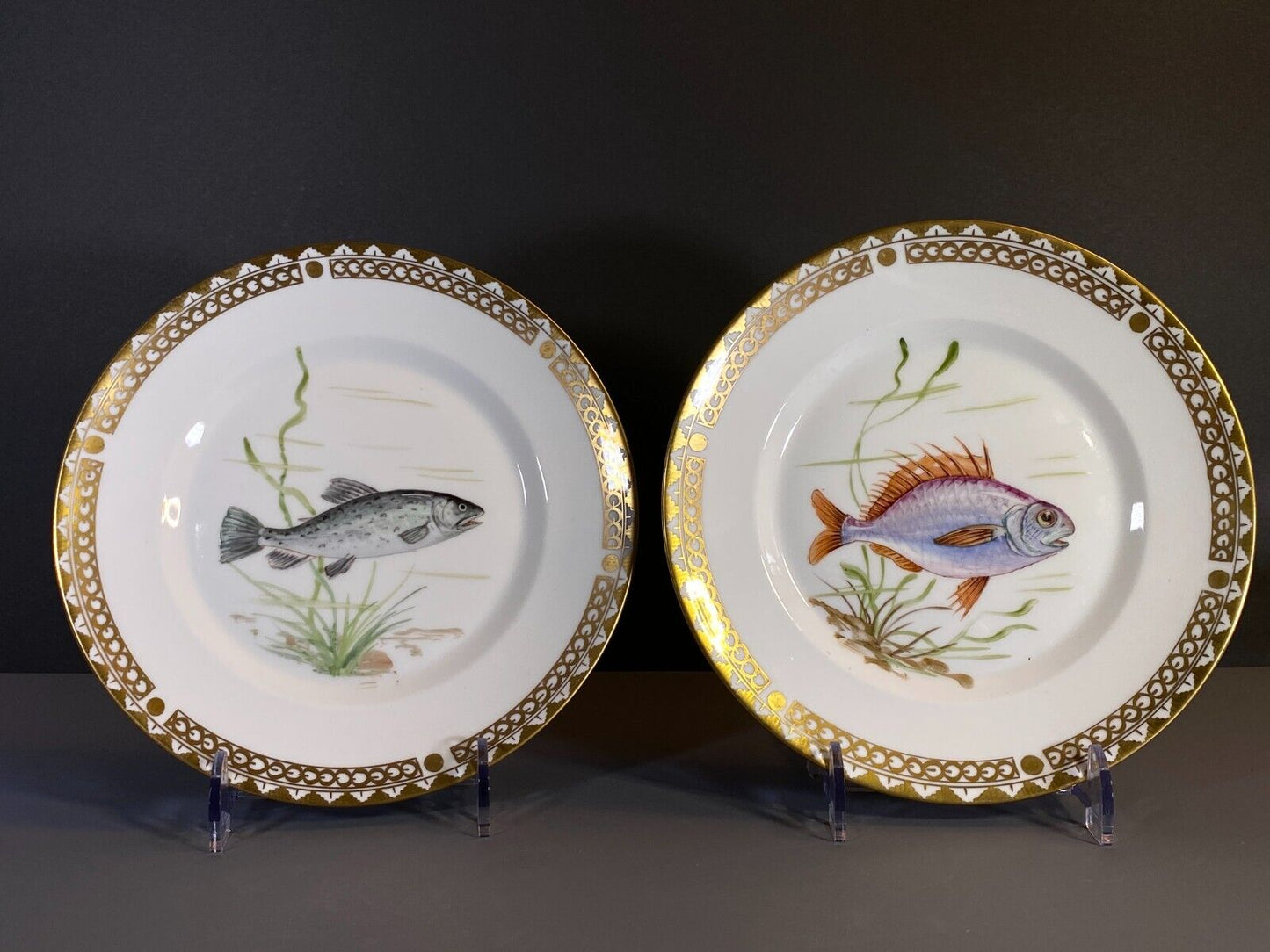 Set 8 Danish Royal Copenhagen handpainted gilt fish plates, Y 1947, rare!